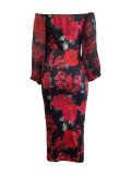 French Tea Break Print Off Shoulder Bodycon Mid Dress
