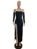 2025 Summer Fashion White Edge Hollow High Slit Halter Long Dress