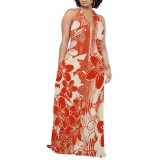 1 Piece Custom Casual Digital Printing Pocket Backless Halter Long Dresses