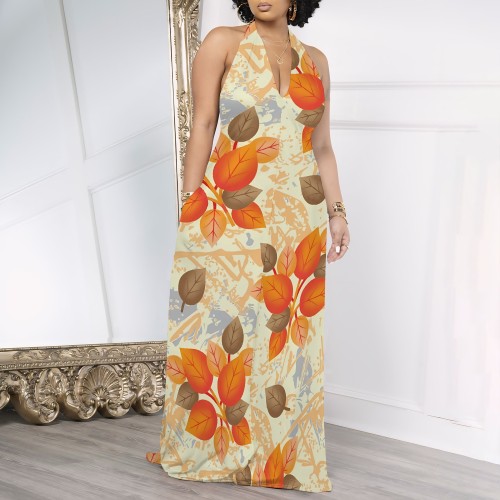 1 Piece Custom Casual Digital Printing Pocket Backless Halter Long Dresses