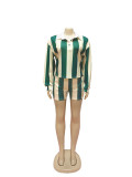 Women's 2 Piece Outfits Long Sleeve Striped Lapel Short Pants Matching Sets