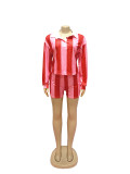 Women's 2 Piece Outfits Long Sleeve Striped Lapel Short Pants Matching Sets