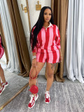 Women's 2 Piece Outfits Long Sleeve Striped Lapel Short Pants Matching Sets