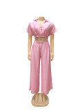 Summer Collar Cutie Lapel Cropped Top High Waist Wide Leg Pants Set