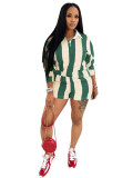 Women's 2 Piece Outfits Long Sleeve Striped Lapel Short Pants Matching Sets
