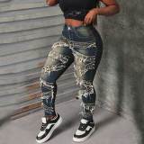 Casual Solid Color Ripped Mid Waist Skinny Denim Jeans