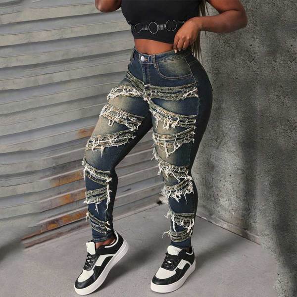 Casual Solid Color Ripped Mid Waist Skinny Denim Jeans