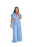 Summer Collar Cutie Lapel Cropped Top High Waist Wide Leg Pants Set
