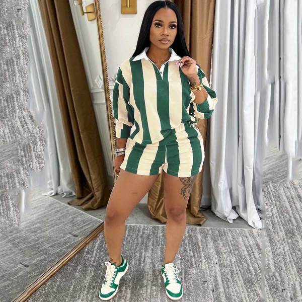Women's 2 Piece Outfits Long Sleeve Striped Lapel Short Pants Matching Sets