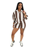 Women's 2 Piece Outfits Long Sleeve Striped Lapel Short Pants Matching Sets