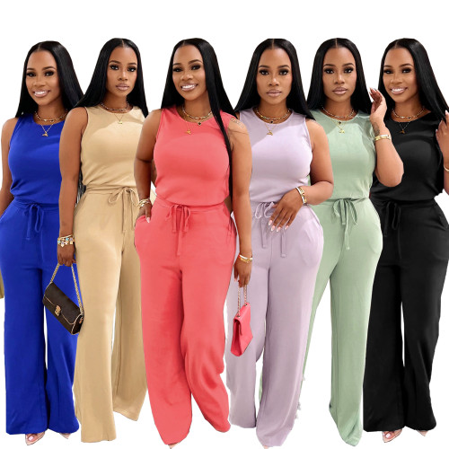 Summer Casual Women's Sleeveless Lace-up Solid Color Jumpsuit