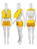Sexy Nightclub Halter Tie Feather Satin Two-Piece Set