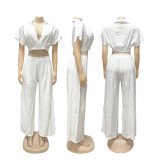 Summer Collar Cutie Lapel Cropped Top High Waist Wide Leg Pants Set