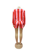Women's 2 Piece Outfits Long Sleeve Striped Lapel Short Pants Matching Sets