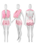 Sexy Nightclub Halter Tie Feather Satin Two-Piece Set