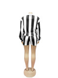 Women's 2 Piece Outfits Long Sleeve Striped Lapel Short Pants Matching Sets