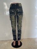 Casual Solid Color Ripped Mid Waist Skinny Denim Jeans