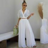 Summer Collar Cutie Lapel Cropped Top High Waist Wide Leg Pants Set