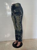 Casual Solid Color Ripped Mid Waist Skinny Denim Jeans