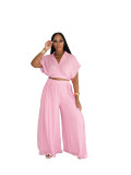Summer Collar Cutie Lapel Cropped Top High Waist Wide Leg Pants Set