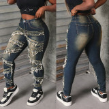 Casual Solid Color Ripped Mid Waist Skinny Denim Jeans