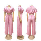 Summer Collar Cutie Lapel Cropped Top High Waist Wide Leg Pants Set
