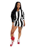Women's 2 Piece Outfits Long Sleeve Striped Lapel Short Pants Matching Sets