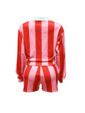 Women's 2 Piece Outfits Long Sleeve Striped Lapel Short Pants Matching Sets