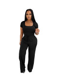 Women's Square Neck short sleeve top high waist wide leg Pants Casual Two Piece Set