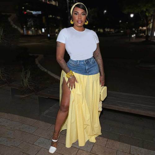 Solid Plaid Denim Patchwork Split Hem Skirt