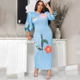 Casual Print Lantern Sleeves Ruched O Neck Long Dresses