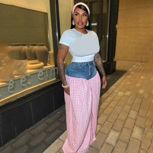 Solid Striped Denim Spliced ​​Plaid High-waist Loose Wide Leg Trousers