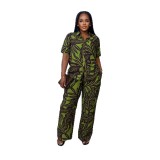Casual Print Buckle Turndown Collar Short Sleeve Two Pieces