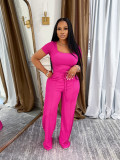 Women's Square Neck short sleeve top high waist wide leg Pants Casual Two Piece Set