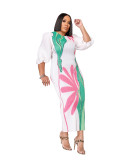 Casual Print Lantern Sleeves Ruched O Neck Long Dresses