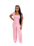 Women's Square Neck short sleeve top high waist wide leg Pants Casual Two Piece Set