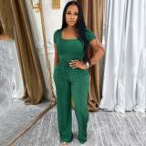 Women's Square Neck short sleeve top high waist wide leg Pants Casual Two Piece Set