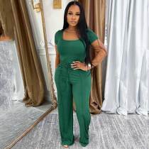 Women's Square Neck short sleeve top high waist wide leg Pants Casual Two Piece Set
