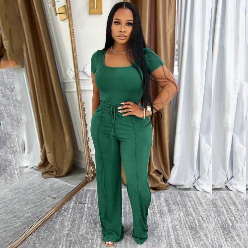 Women's Square Neck short sleeve top high waist wide leg Pants Casual Two Piece Set