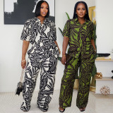 Casual Print Buckle Turndown Collar Short Sleeve Two Pieces