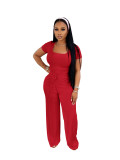 Women's Square Neck short sleeve top high waist wide leg Pants Casual Two Piece Set