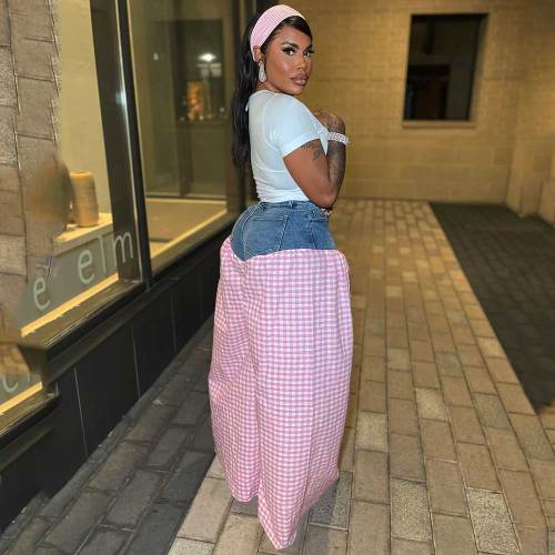 Solid Striped Denim Spliced ​​Plaid High-waist Loose Wide Leg Trousers
