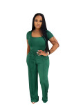 Women's Square Neck short sleeve top high waist wide leg Pants Casual Two Piece Set