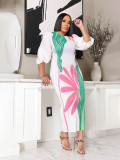 Casual Print Lantern Sleeves Ruched O Neck Long Dresses