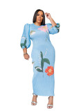 Casual Print Lantern Sleeves Ruched O Neck Long Dresses