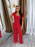 Women's Square Neck short sleeve top high waist wide leg Pants Casual Two Piece Set