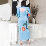 Casual Print Lantern Sleeves Ruched O Neck Long Dresses