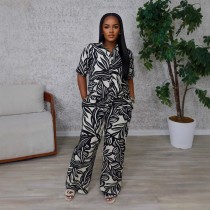 Casual Print Buckle Turndown Collar Short Sleeve Two Pieces
