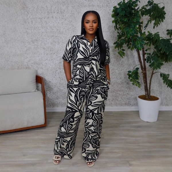 Casual Print Buckle Turndown Collar Short Sleeve Two Pieces