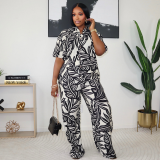 Casual Print Buckle Turndown Collar Short Sleeve Two Pieces